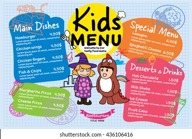 Colorful kids meal menu vector template illustration for restaurant