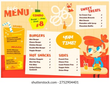 Colorful kids menu design featuring burgers, drinks and sweet treats with playful character illustration. Bright restaurant menu layout suitable for fast food restaurants, family cafes, diners and children friendly dining places.
