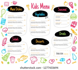 Colorful Kids menu in doodle style. Flyer layout template. Fresh food card with Cute vector illustrations.