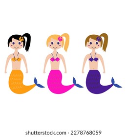 Colorful Kids Mermaids Cartoon Set Vector Illustration isolated on White