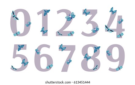 Colorful kids numbers set for your design with butterfly and beetles. From zero to nine. Vector illustration.