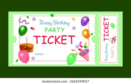 Colorful kids Party Ticket with balloons, confetti and cheerful design. Ideal for birthday invitations, celebrations, events, or childrens party access and printable templates.Vector illustration.