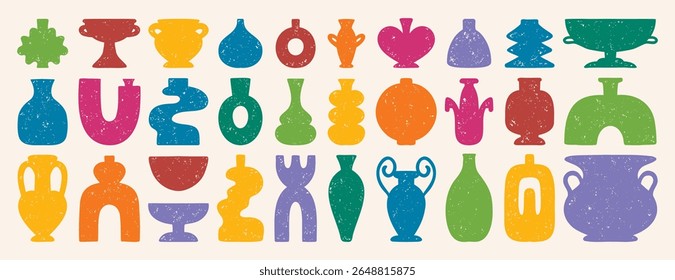 colorful kids positive vases and amphorae textured boho ceramic vases trendy minimalist style. pottery icons creative trendy forms. Vector illustration