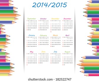 Colorful kids school calendar from 2014 to 2015