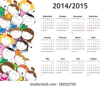 Colorful kids school calendar from 2014 to 2015