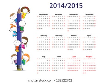 Colorful kids school calendar from 2014 to 2015