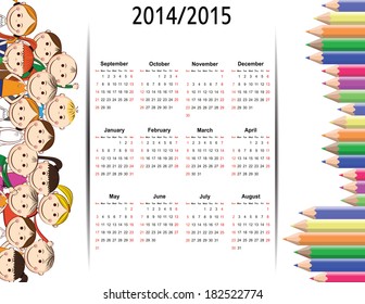 Colorful kids school calendar from 2014 to 2015