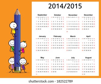Colorful kids school calendar from 2014 to 2015