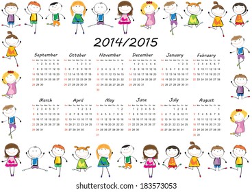 Colorful kids school calendar from 2014 to 2015 year