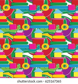 Colorful kids seamless pattern  background illustration with baby toys, cubes,  geometric shapes, figures. Colored vector kids texture for prints, fabric, textile, bed linen, kids wallpapers.