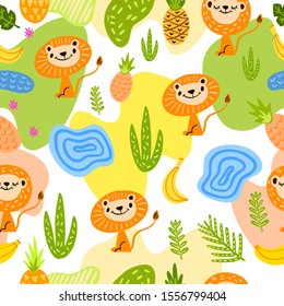 Colorful kids seamless pattern with smiling lions, tropical fruit and leaves. Abstract shapes on the colorful background. Nursery texture for kids room, textile, wallpaper, apparel. 