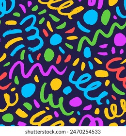 Colorful kid's seamless pattern with squiggle lines and scribbles. Simple creative childish background with brush strokes, dots and spirals. Crayon drawing. Freehand scribbles and squiggled lines.