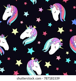 Colorful kids seamless pattern with unicorn heads, design for textile texture, vector illustration