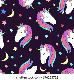 Colorful kids seamless pattern with unicorns, design for textile texture, vector illustration, objects on dark background