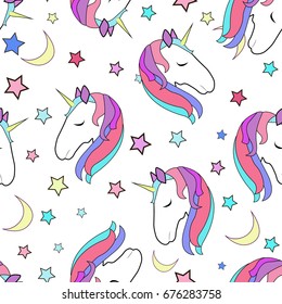 Colorful kids seamless pattern with unicorns, design for textile texture, vector illustration