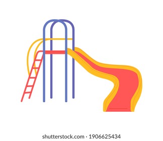 Colorful kids slide with ladder for fun games on playground. Equipment for childrens outdoor entertainment in kindergarten, park, yard of school or home. Vector illustration.