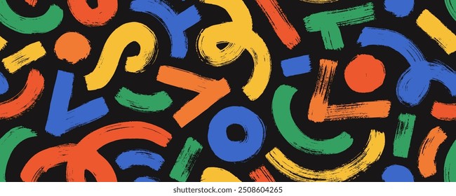 Colorful kid's style background with bold curved brush strokes and geometric basic shapes. Fun colorful thick line doodle seamless pattern. Vector curved thick strokes, circles, squiggles and lines.