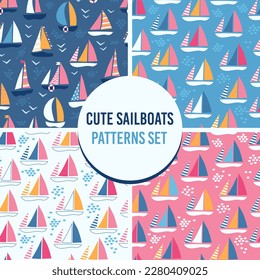 Colorful kids style marine prints with sailboats. Cute sweet seamless patterns with decorative stylized boats art. Childish colorful collection for textile. Repeated graphic yacht. Ocean background