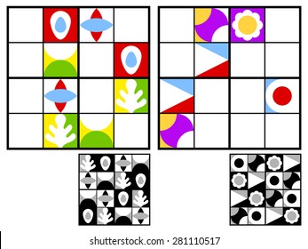 Colorful kids sudoku puzzle with multicolored geometric patterns in the squares in the grid for mental stimulation and entertainment with two variations and answers, vector design