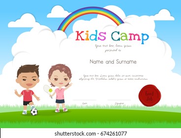 Colorful kids summer camp diploma certificate template in cartoon style with smiling boy and girl