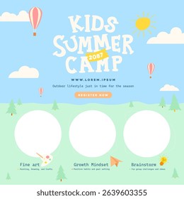 Colorful kids summer camp poster with cartoon style and fun activity icons for creative learning