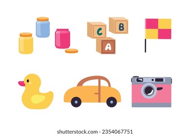 Colorful Kids Toy with Alphabet Block, Rubber Duck, Car, Camera and Jars Vector Illustration Set