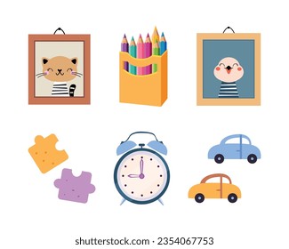Colorful Kids Toy with Frame, Pencil, Jigsaw Puzzle, Clock and Car Vector Illustration Set