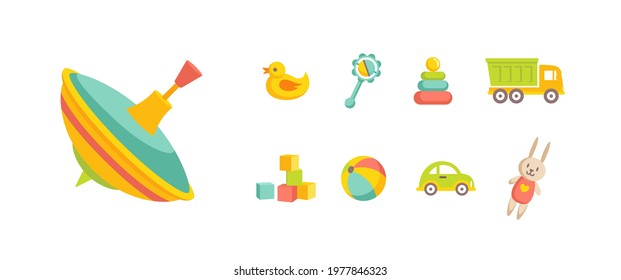 Colorful Kids Toys Collection. Flat Style. Vector Illustration