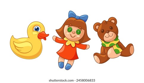 Colorful Kids Toys, Plush Teddy Bear, Doll and Yellow Rubber Duck, Action Figures, Art Supplies, Imaginative Playthings