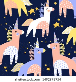Colorful kids vector pattern of cartoon unicorns with horns and twinkling stars on a midnight blue background in square format for tiles and print