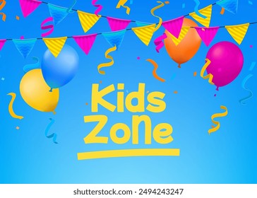 Colorful kids zone with balloons, playful cartoon children, and fun decorations. Perfect for a party, playroom, or playground banner. Not AI