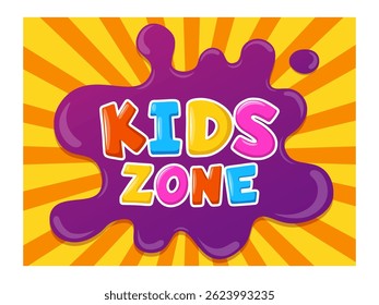 Colorful Kids Zone letters are written on a purple blob over an orange background with rays coming from the center, creating a vibrant and playful design suitable for children's areas