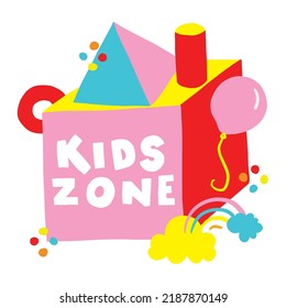 Colorful Kids zone logo flat design, Bright Color Kids zone logo, Cube, Cylinder, Pyramid Toy flat logo, kids world decoration, Inscription on isolated background.