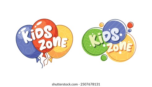 Colorful Kids Zone Logos With Balloons And Abstract Shapes. Joyful And Playful Design Elements Perfect For Play Area