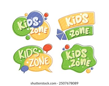 Colorful Kids Zone Logos In Various Fun Shapes And Designs. Suitable For Children Areas, Playgrounds, Or Events