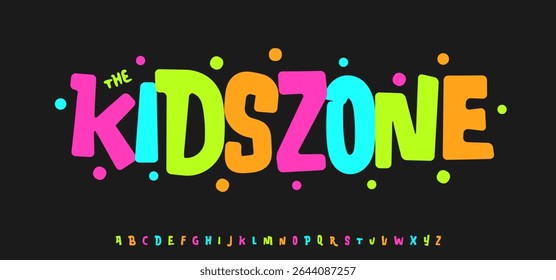 Colorful Kids Zone Play Room logo font, carnival typeset, bold cartoon alphabet. Playful groovy typeface for joyful headline, birthday title, comic text. Festive typographic design. Vector typeset