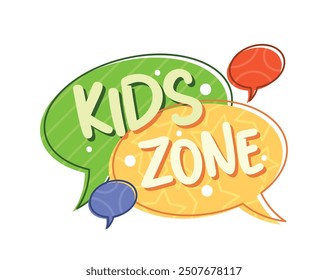 Farbenfrohe Kinder-Zone-Schild mit Sprechblasen für einen Kinderspielplatz oder ein Aktivitätszentrum. Einladende Illustration