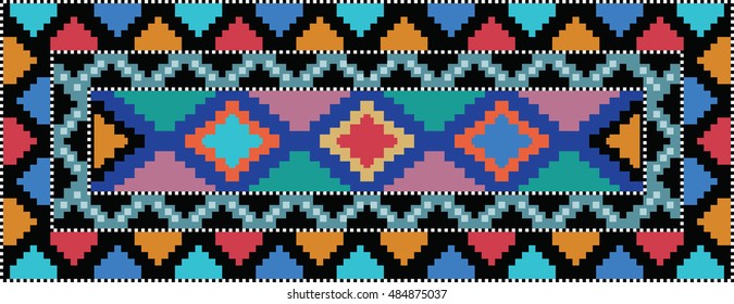 Colorful kilim rug with traditional folk geometric pattern. Carpet border frame pattern. Vector 10 EPS illustration.