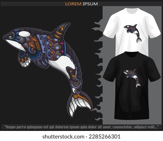 Colorful killer whale mandala arts isolated on black and white t shirt.