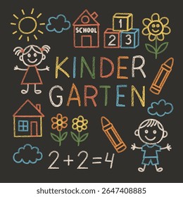 Colorful kindergarten chalkboard drawing with chalk and crayon icons. Kids, math, school elements, cute child holding crayon, hand drawing flower at school house, classroom fun symbols.