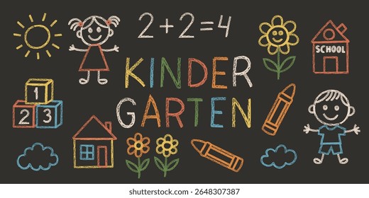 Colorful kindergarten chalkboard drawing with chalk and crayon icons. Kids, math, school elements, cute child holding crayon, hand drawing flower at school house, classroom fun symbols.