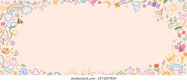 Colorful kindergarten crayon background with doodles drawn by colorful crayons. Childlike border frame with pencils and childish drawings on paper. Vector illustration for certificate, diploma, poster