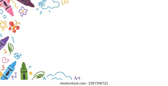 Colorful kindergarten crayon background with doodles drawn by colorful crayons. Childlike border frame with pencils and childish drawings on paper. Vector illustration for certificate, diploma, poster