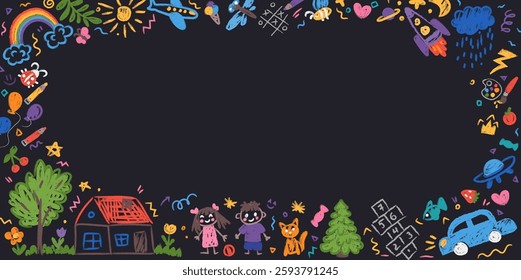 Colorful kindergarten crayon background with doodles drawn by colorful chalks. Childlike border frame with pencils and childish drawings on blackboard. Vector illustration for certificate, diploma, po