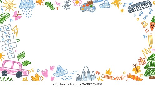 Colorful kindergarten crayon background with doodles drawn by colorful crayons. Childlike border frame with pencils and childish drawings on paper. Vector illustration for certificate, diploma, poster