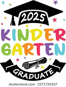 Colorful 'Kindergarten Graduate 2025' text design in playful typography, perfect for school events, kids' graduation, educational posters, and party decorations.