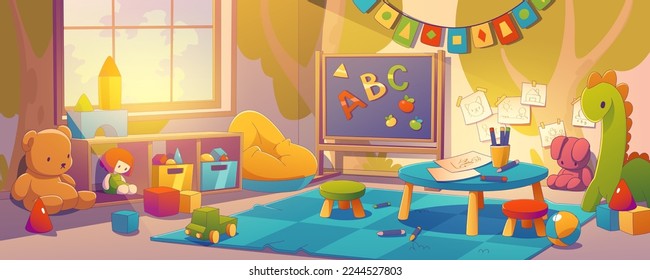 Colorful kindergarten room interior. Contemporary vector illustration of playroom for children with dolls, teddy bear, blocks, toy car on floor, pencils and paper on table. Preschool education