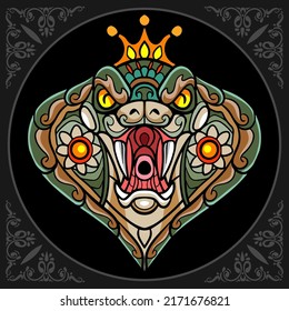 Colorful king cobra head zentangle arts. isolated on black background