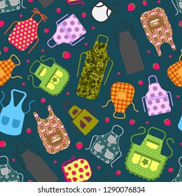 Colorful kitchen aprons with patterns icons seamless pattern. Protective garment. Cooking dress for housewife or chef of restaurant with strawberries vector illustration.