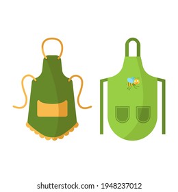 Colorful kitchen aprons with patterns isolated on white background. Protective garment. Cooking dress for housewife or chef of restaurant. Vector illustration in cartoon style